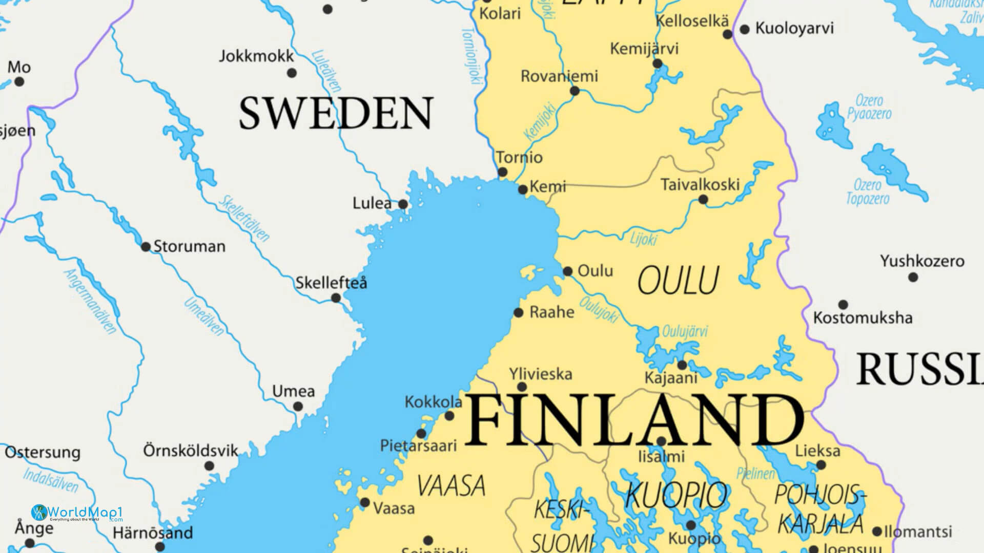 Finland Map with Sweden and Russia Boundaries